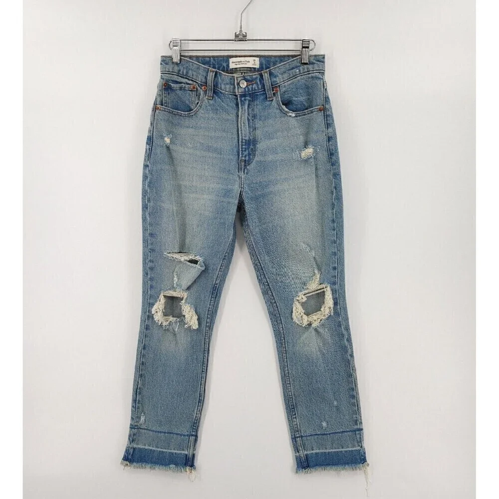 Abercrombie & Fitch High Rise Mom Jean Womens 26/2 S Blue Denim Short Distressed